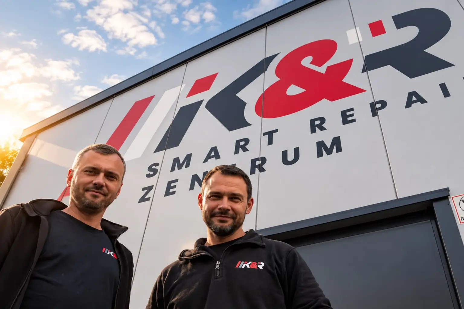 Stanislaw Kuhn und Eugen Ritt vor der K&R-Werkstatt